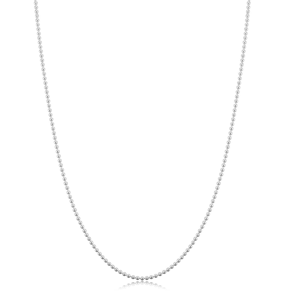 A delicate silver beaded necklace with small, uniform metallic beads, shown against a plain white background with a subtle reflection at the bottom.