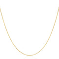 A delicate yellow gold beaded chain necklace, shown draped in a U-shape against a solid white background.