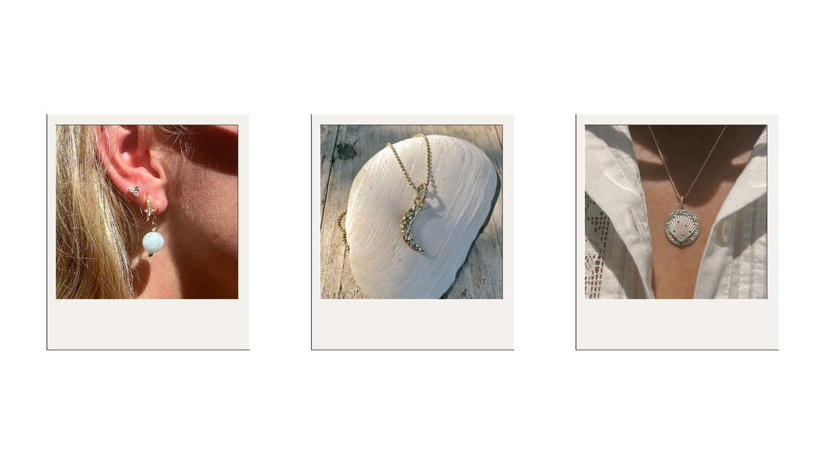 Three Polaroid-style photo frames showcase jewelry: a dangling pearl earring on a model's ear, a gold crescent moon pendant with clear stones on a white shell, and a silver-toned circular shell pendant necklace worn on a model's neck.