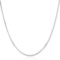 A silver box chain necklace displayed in a curved shape against a clean white background.