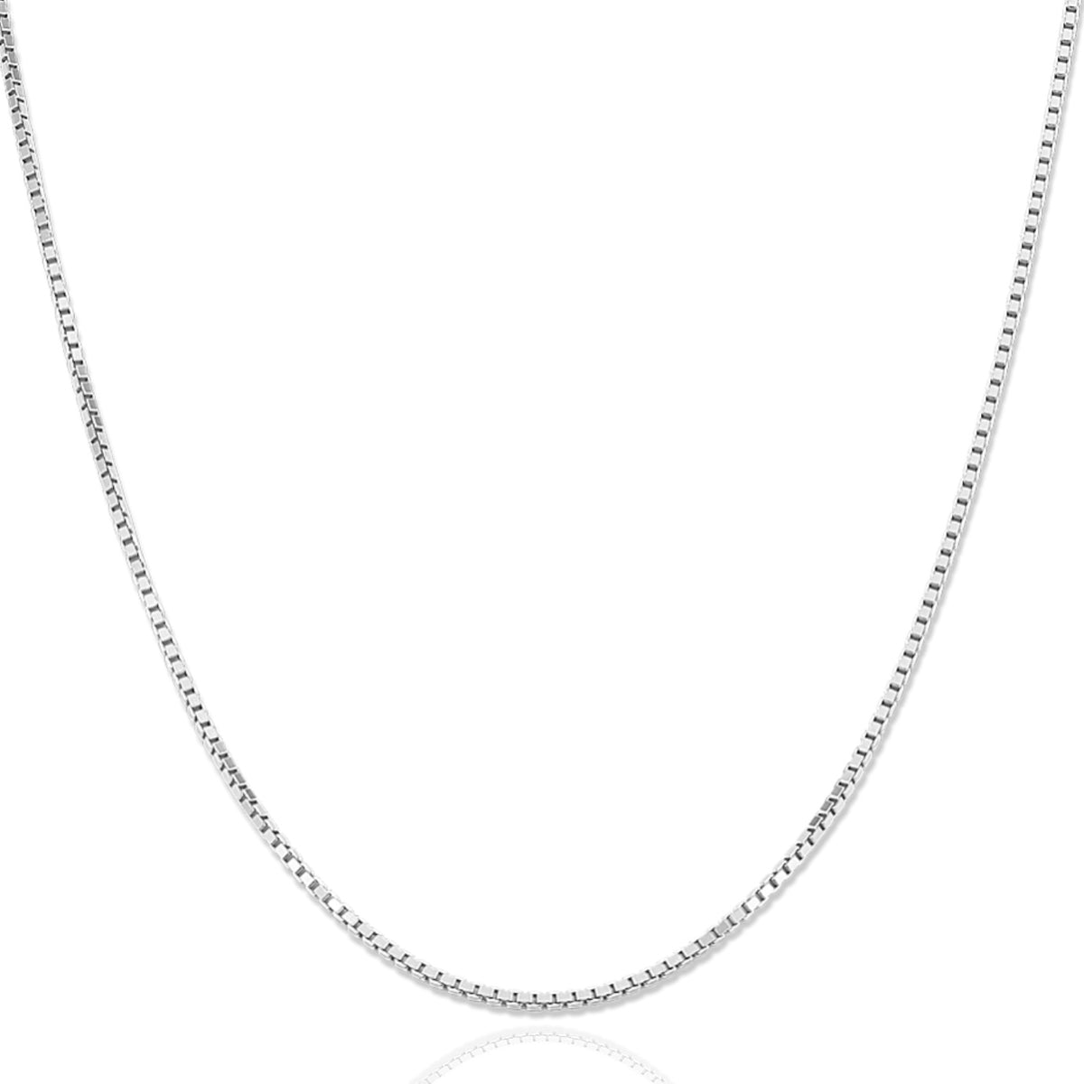 A silver box chain necklace displayed in a curved shape against a clean white background.