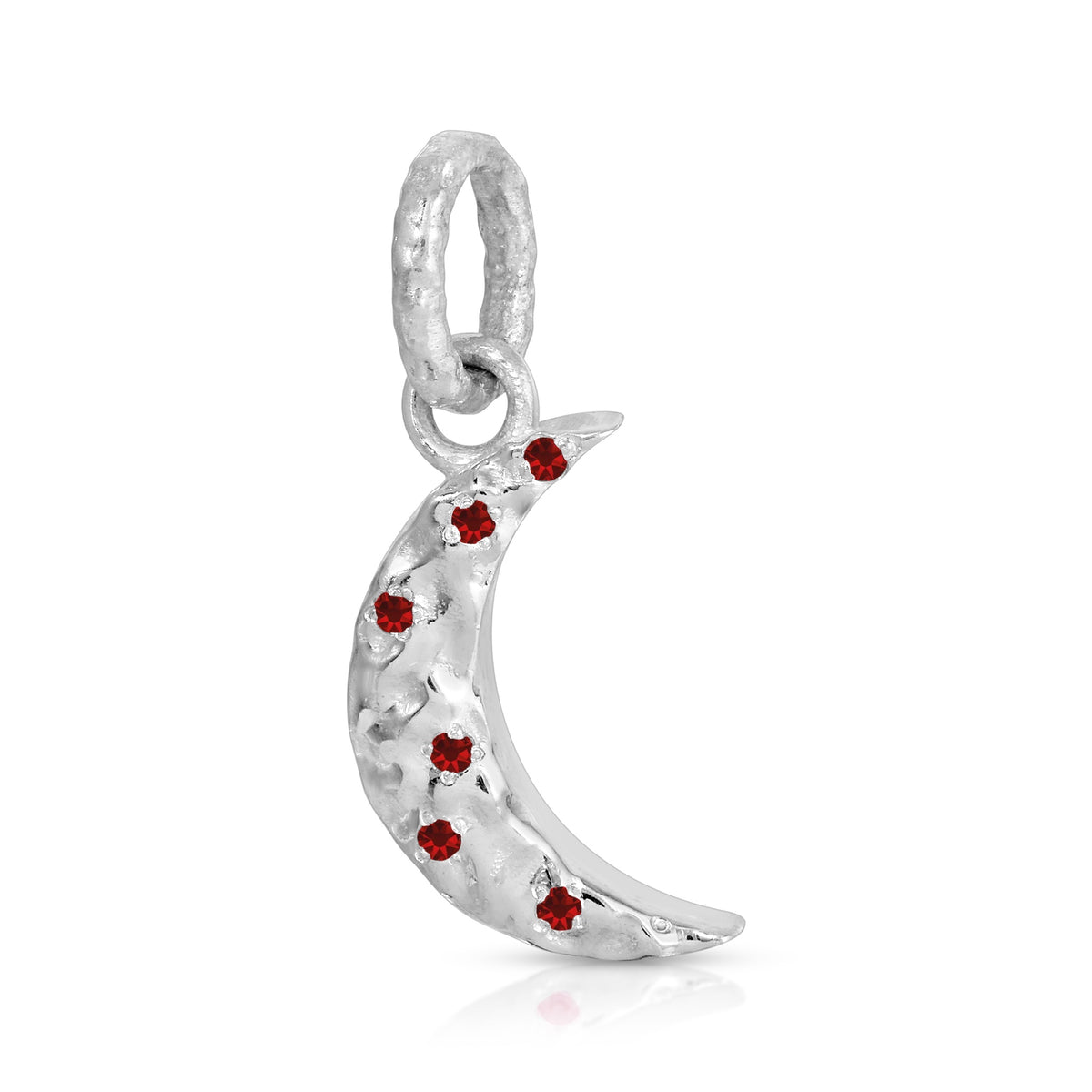 A silver crescent moon charm decorated with small red gemstones, shown on a clean white background.
