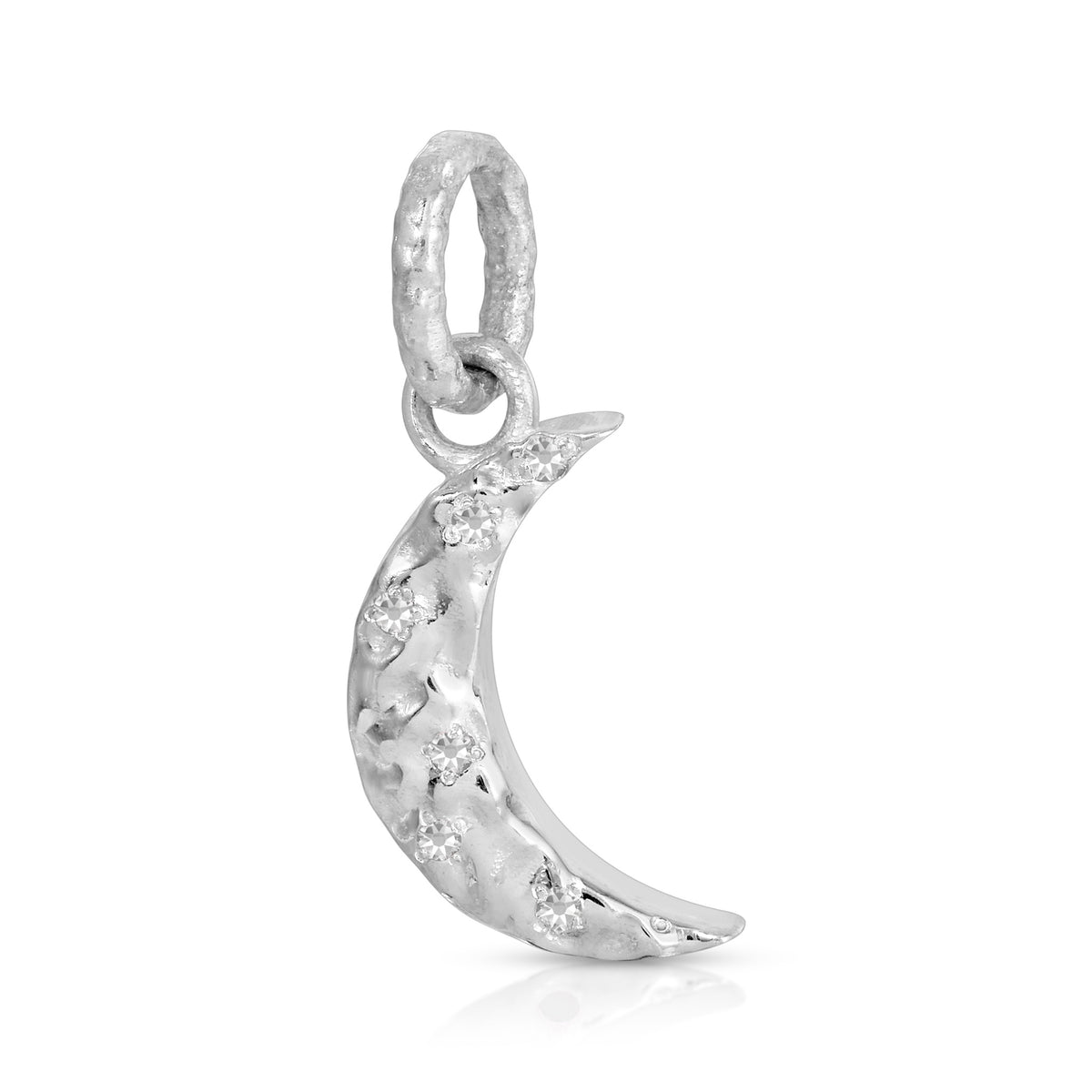 A silver crescent moon charm pendant decorated with small diamond gemstones, shown on a clean white background.