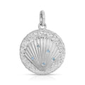A round sterling silver shell pendant charm with a textured, hammered finish and five small light blue gemstone accents, shown on a clean white background.